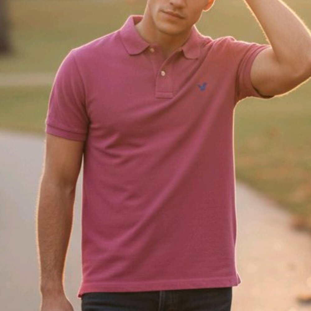 American Eagle Athletic Fit Hot Pink Polo Shirt Side Slits 2 Font Size L(ID39)